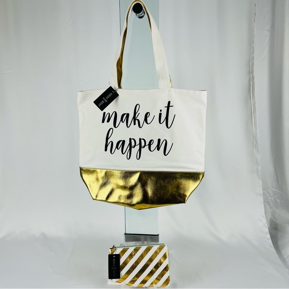 NWT Jade & Deer “Make It Happen" Tote Bag with Zip Pouch Wallet Cream Gold